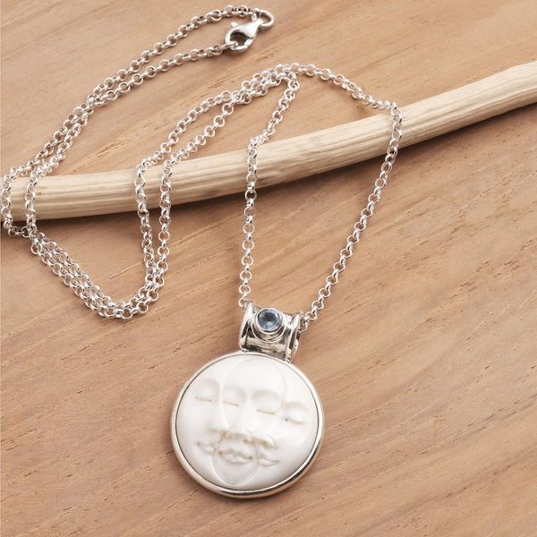 Alternate image for Blue Topaz and Sterling Silver Moon Pendant Necklace Moon Phase Faces