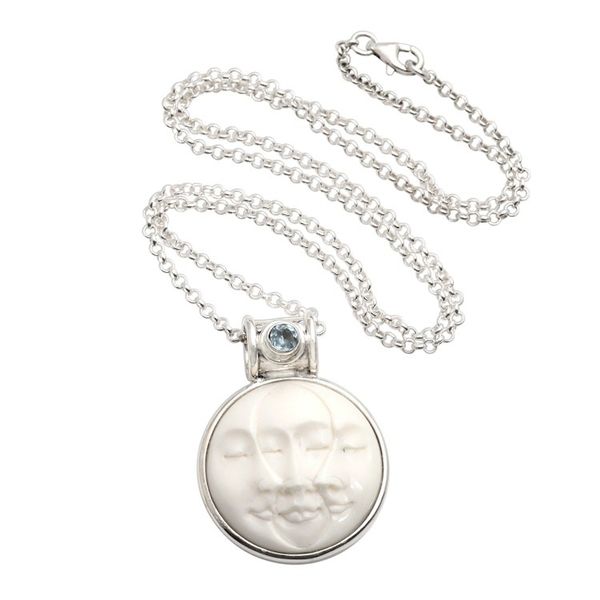 Alternate image for Blue Topaz and Sterling Silver Moon Pendant Necklace Moon Phase Faces