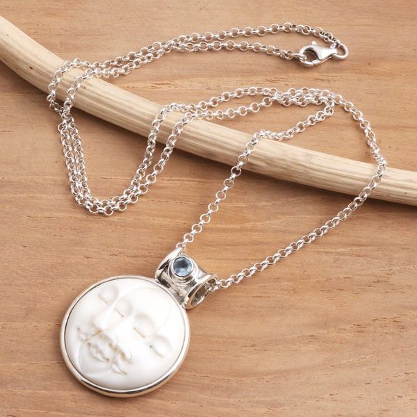 Alternate image for Blue Topaz and Sterling Silver Moon Pendant Necklace Moon Phase Faces