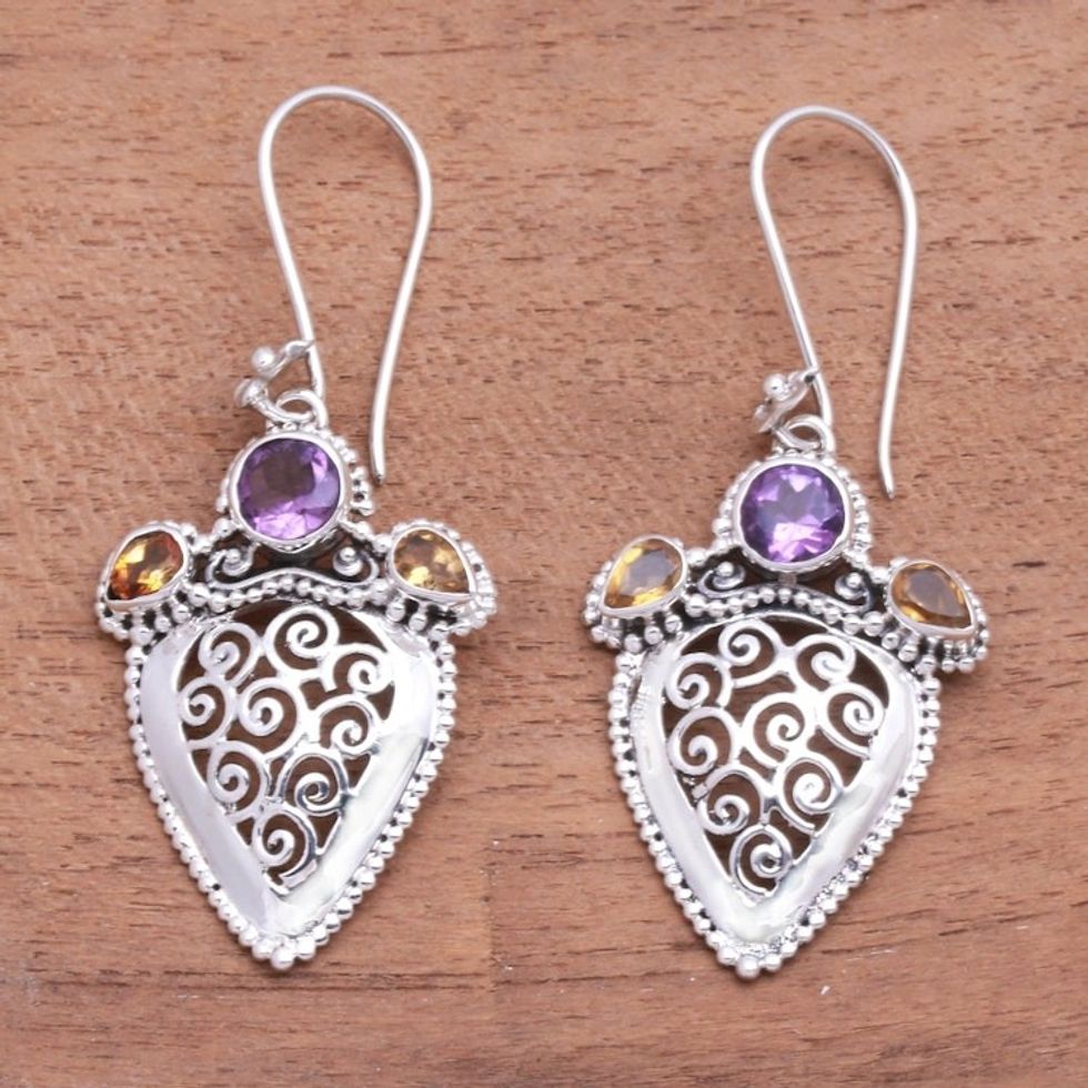 Swirl Pattern Amethyst and Citrine Dangle Earrings 'Swirl Drops'