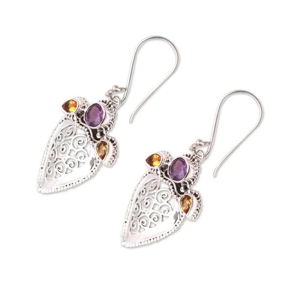 Alternate image for Swirl Pattern Amethyst and Citrine Dangle Earrings Swirl Drops