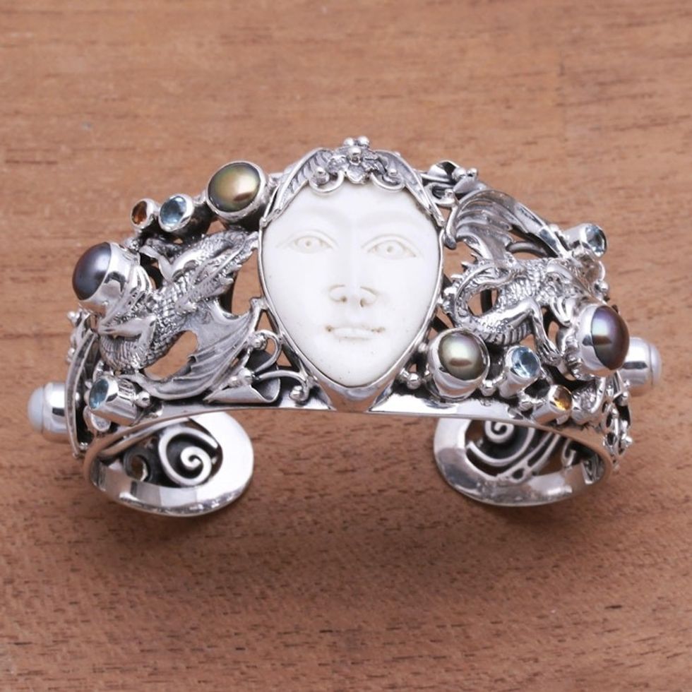 Dragon-Themed Multi-Gemstone Cuff Bracelet from Bali 'Dragon Empire'