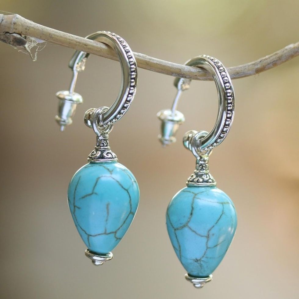 Silver and Blue Reconstituted Turquoise Earrings from Bali 'Bogor Lanterns'