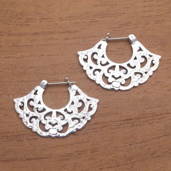 Alternate image for Frilly Sterling Silver Hoop Earrings from Bali Frilly Fans