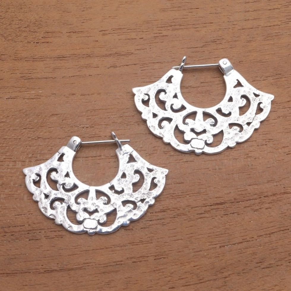 Frilly Sterling Silver Hoop Earrings from Bali 'Frilly Fans'