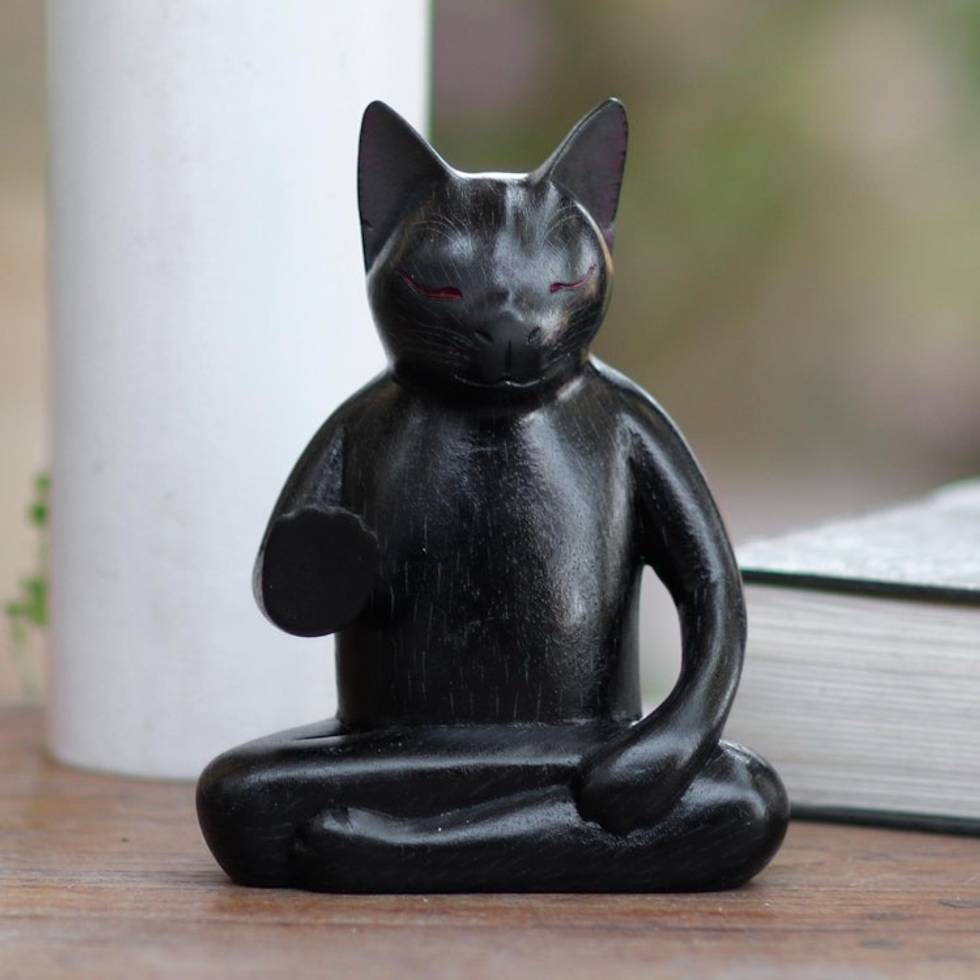 Wood Statuette of Black Cat Meditating 'Black Cat Meditates'