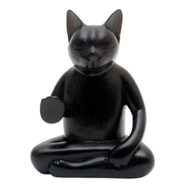 Alternate image for Wood Statuette of Black Cat Meditating Black Cat Meditates