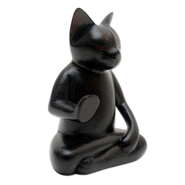 Alternate image for Wood Statuette of Black Cat Meditating Black Cat Meditates