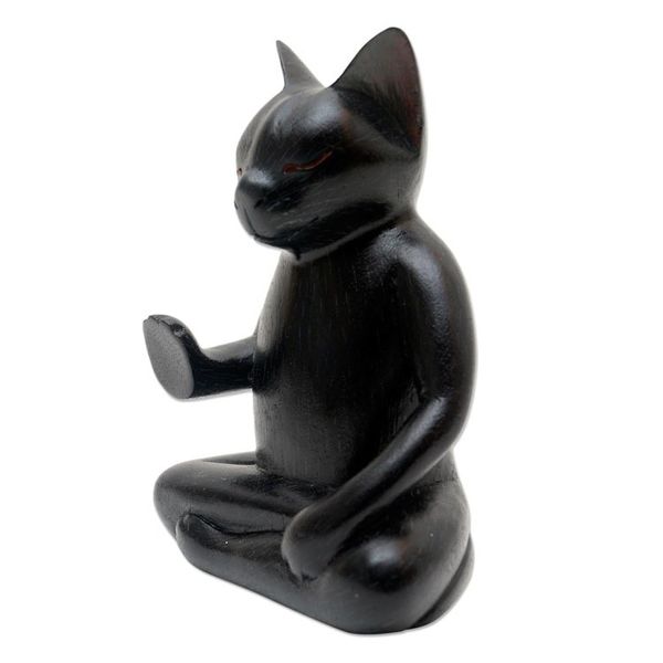 Alternate image for Wood Statuette of Black Cat Meditating Black Cat Meditates