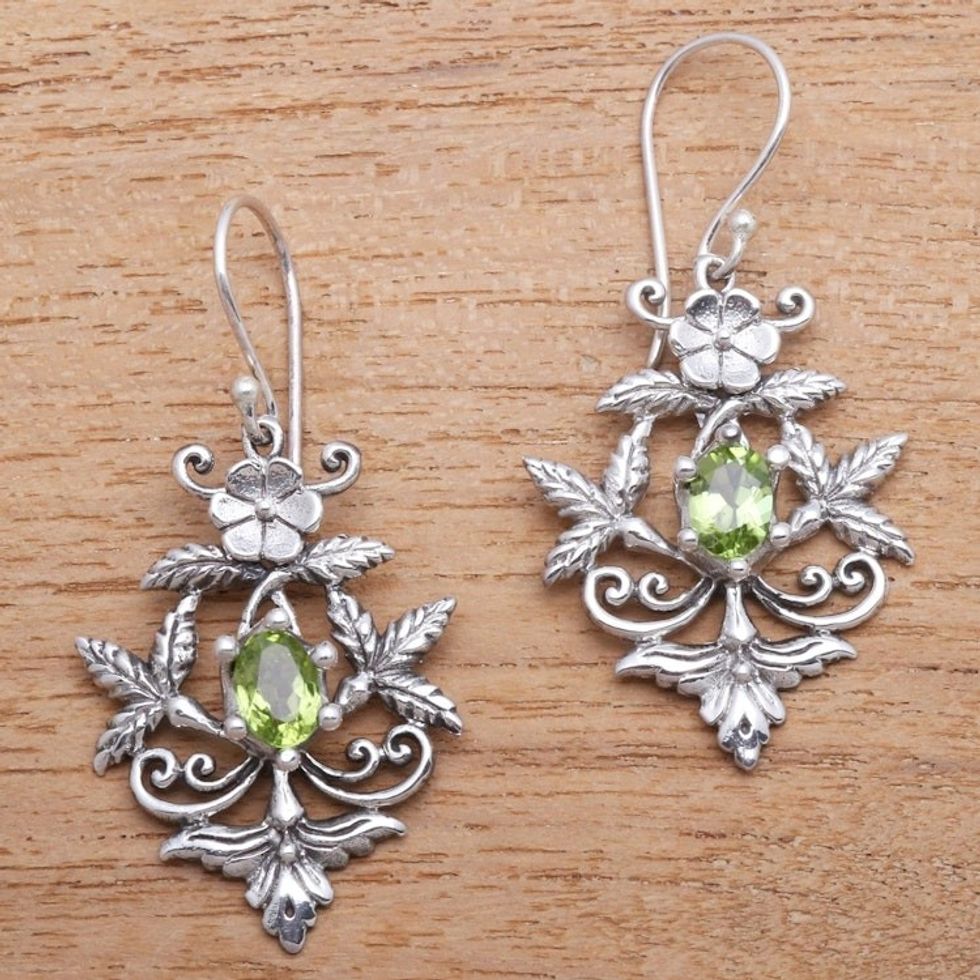 Foral Faceted Peridot Dangle Earrings from Bali 'Swift Growth'