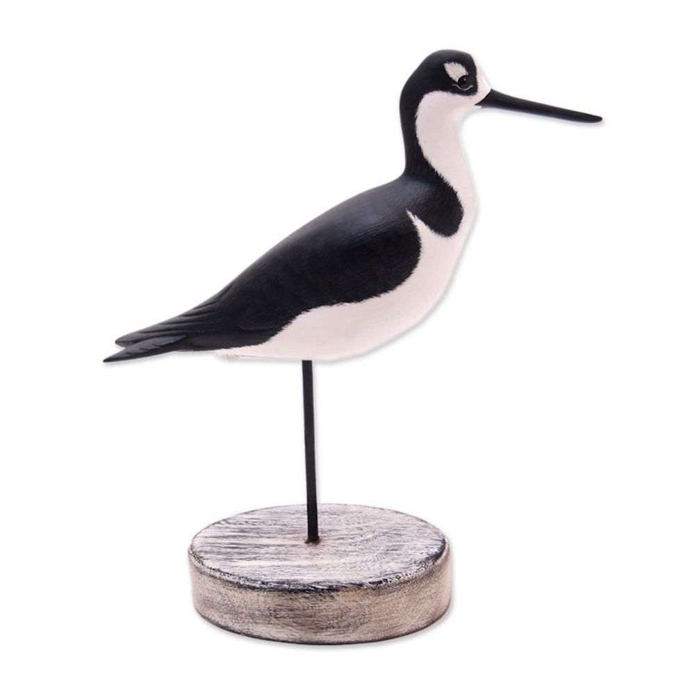 Beach Cottage Wood Bird Decorative Accent from Bali 'Black-Necked Stilt'