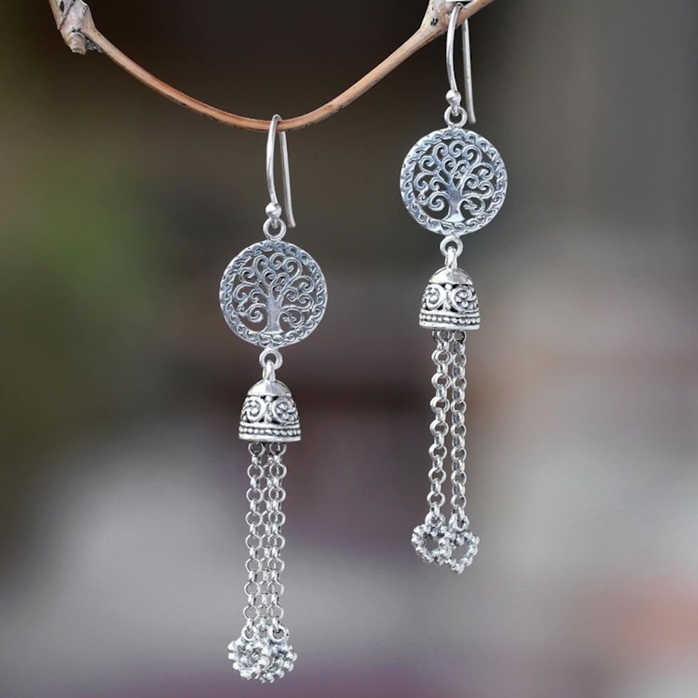 Tree-Themed Sterling Silver Waterfall Earrings from Bali 'Tree Bells'