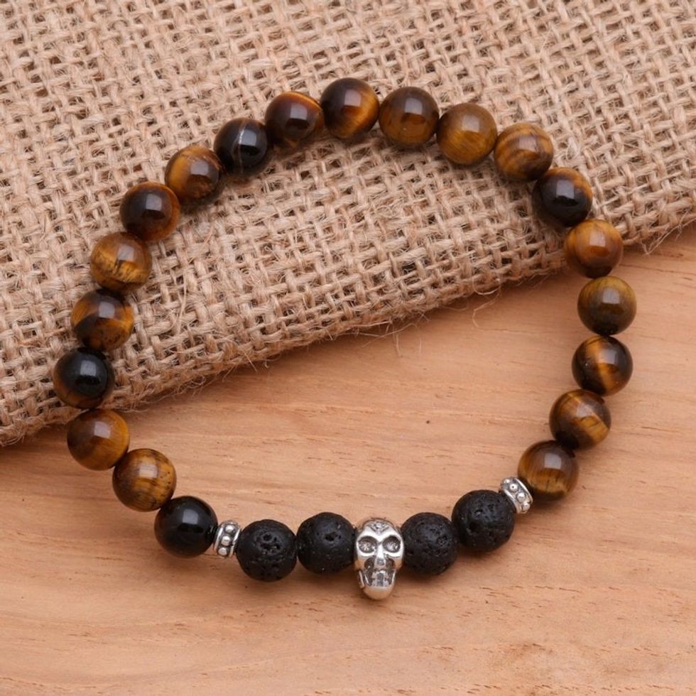 Tiger's Eye Stretch Beaded Bracelet with Sterling Skull 'Staring Skull in Brown'
