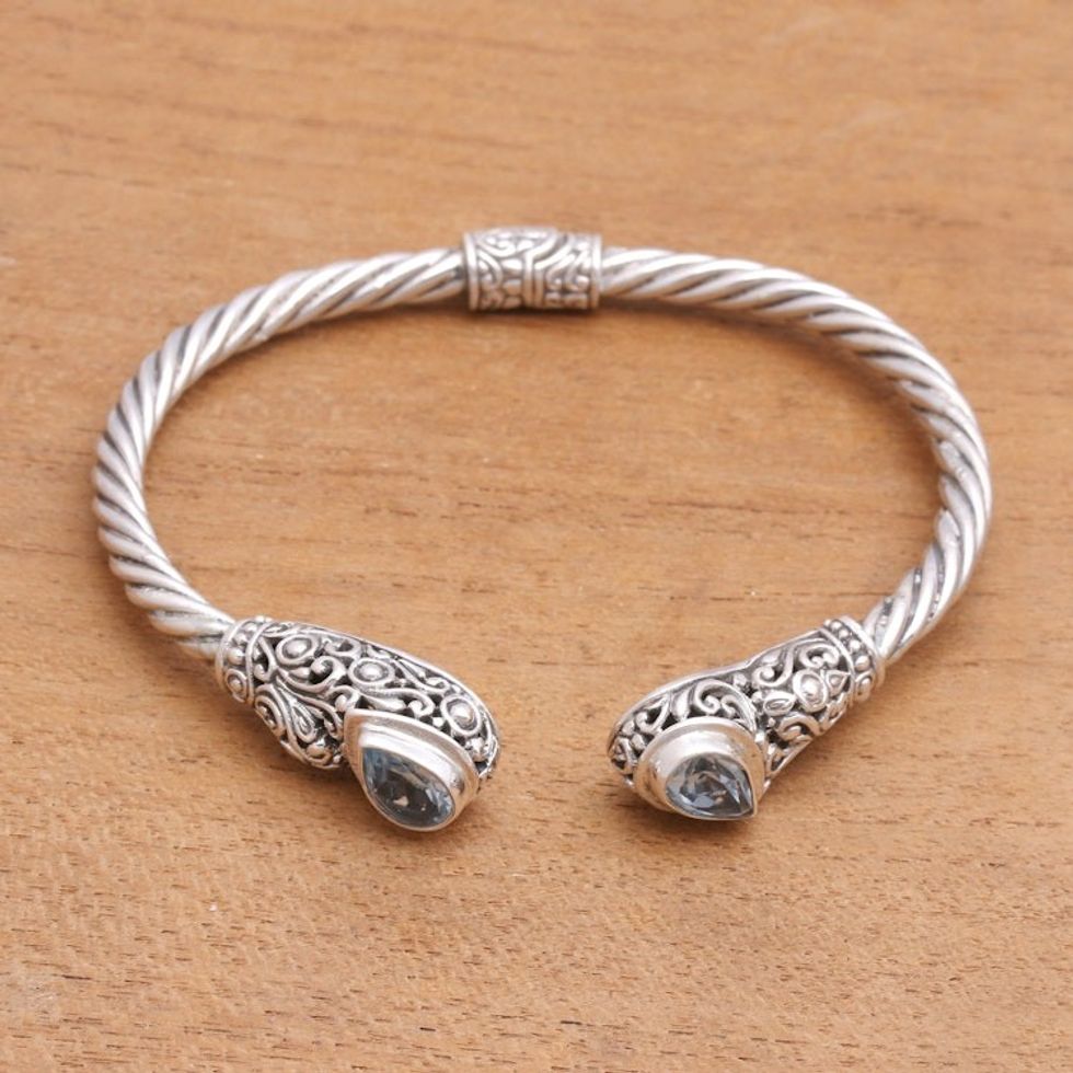 Vine Pattern Blue Topaz Cuff Bracelet from Bali 'Vine Inspiration'