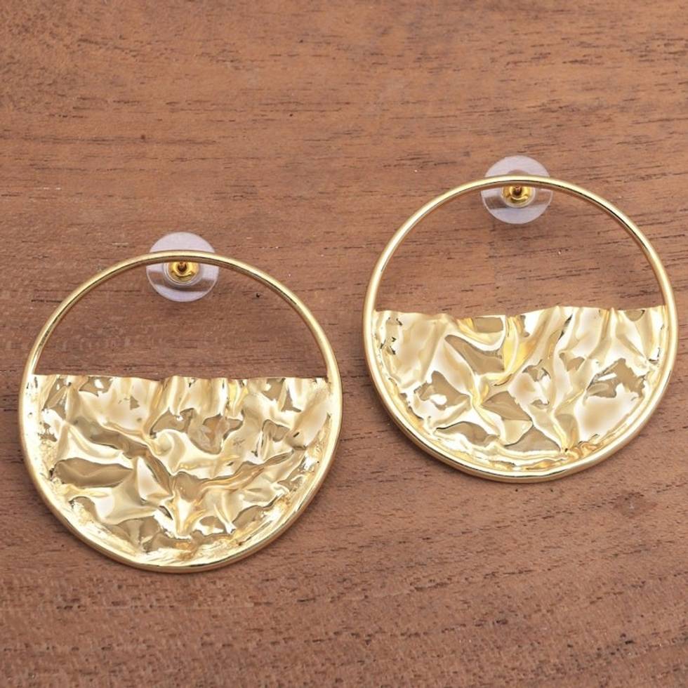 Circular Modern Gold-Plated Brass Drop Earrings from Bali 'Surface Waves'