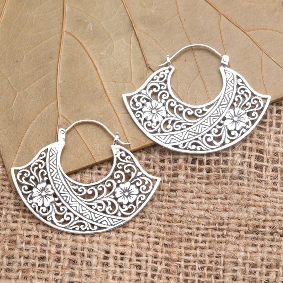 Sterling Silver Floral Hoop Earrings from Bali 'Cape of Flowers'