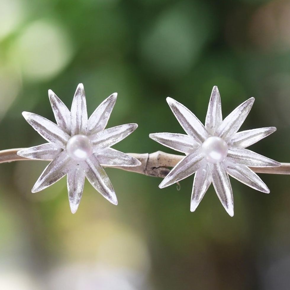 Lotus Blossom Earrings of Silver and White Cultured Pearl 'Lotus Joy'