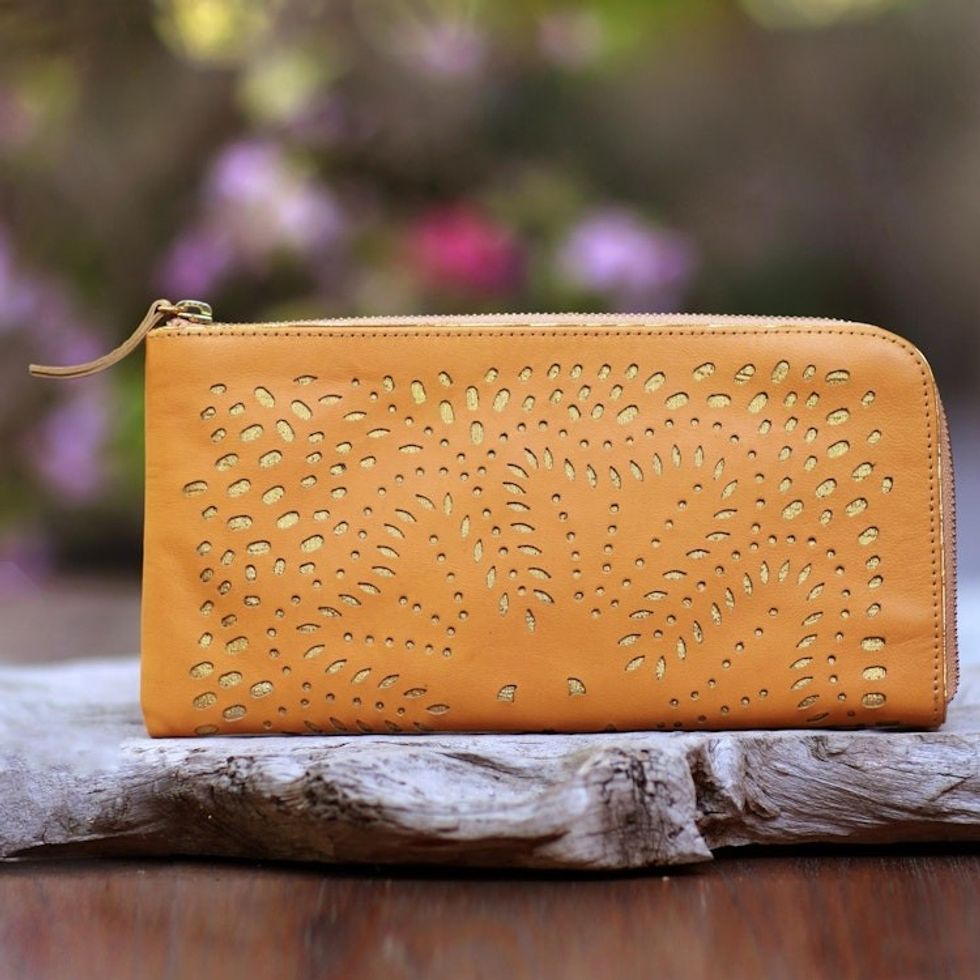 Floral Pattern Leather Clutch in Amber from Bali 'Scattered Stars in Amber'