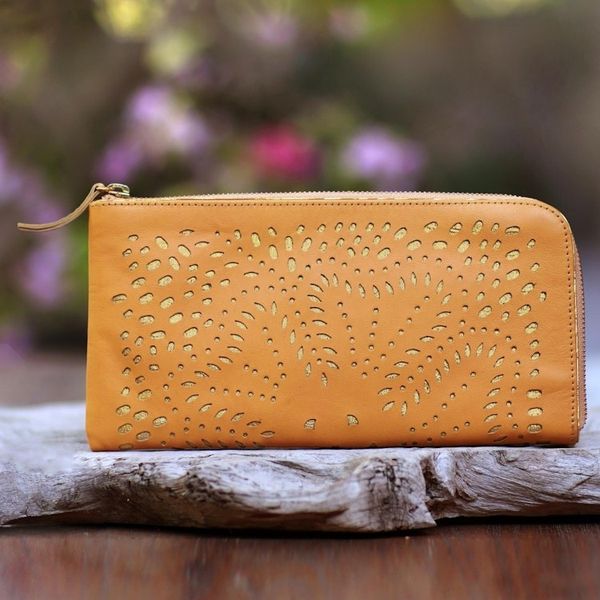 Alternate image for Floral Pattern Leather Clutch in Amber from Bali Scattered Stars in Amber