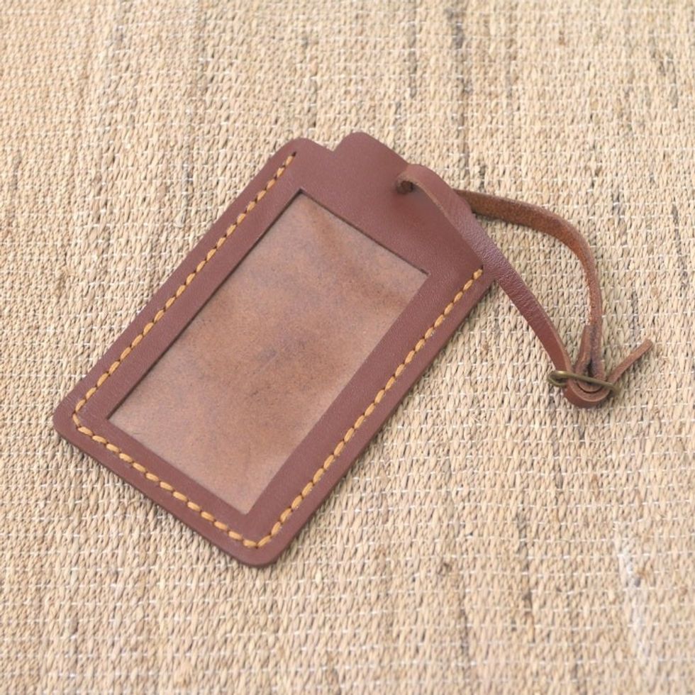 Brown Leather Luggage Tag in Black Crafted in Java 'Identity in Brown'