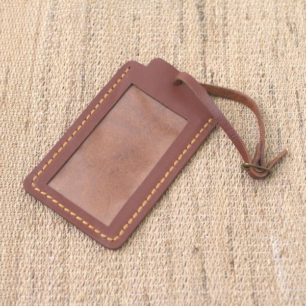 Alternate image for Brown Leather Luggage Tag in Black Crafted in Java Identity in Brown