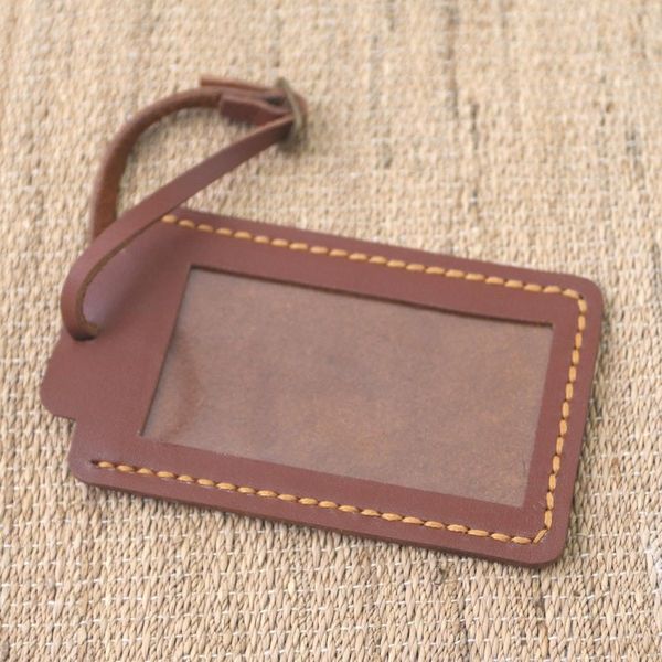 Alternate image for Brown Leather Luggage Tag in Black Crafted in Java Identity in Brown