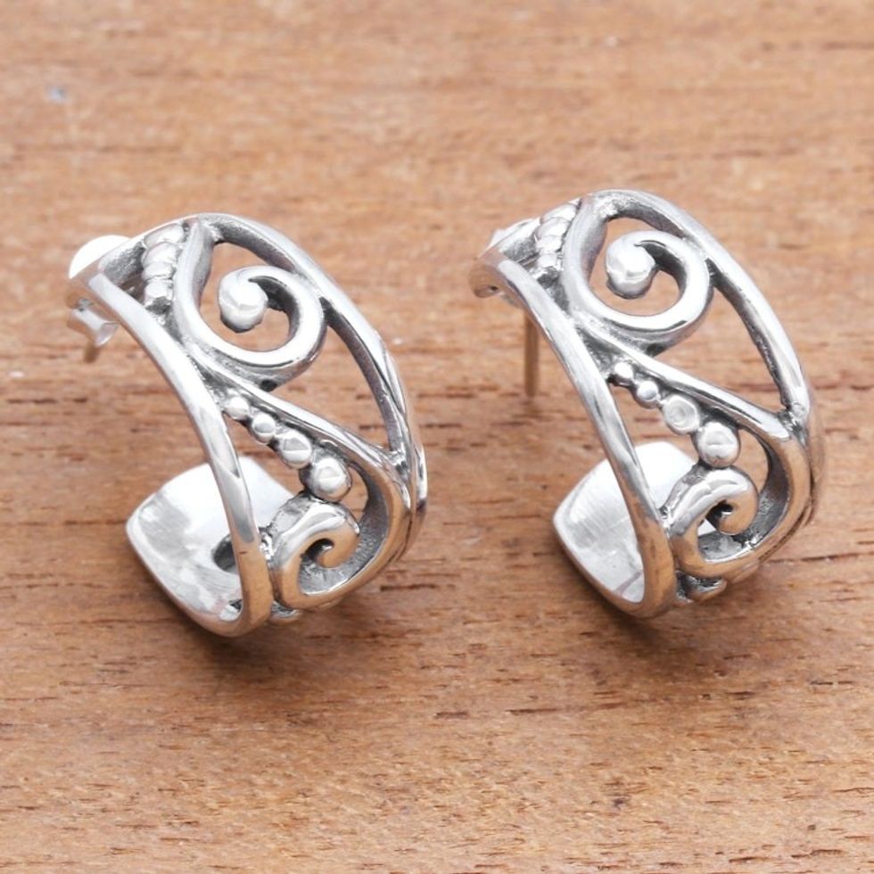 Swirl Pattern Sterling Silver Half-Hoop Earrings from Bali 'Feminine Swirls'