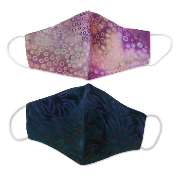 Alternate image for 2 Contoured Double Layer Rayon Batik Elastic Loop Face Masks Waves and Bubbles