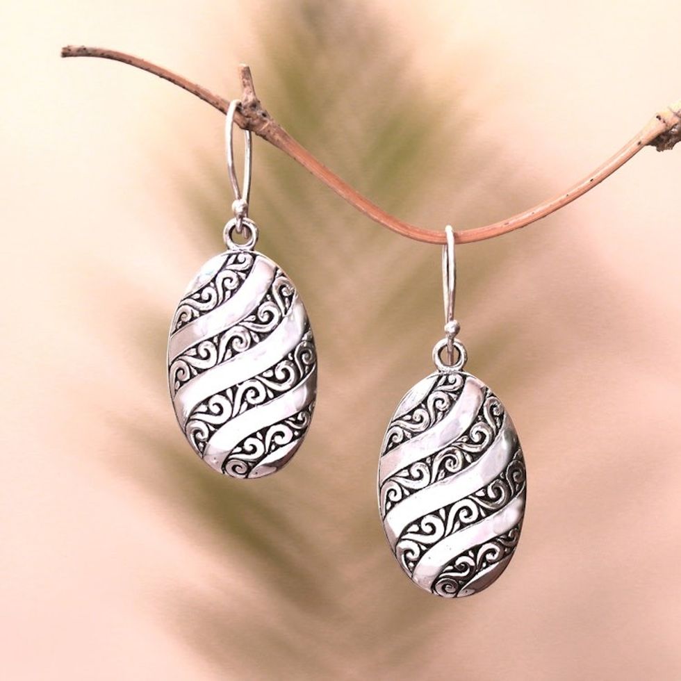 Wave and Swirl Pattern Sterling Silver Dangle Earrings 'Oval Wave'