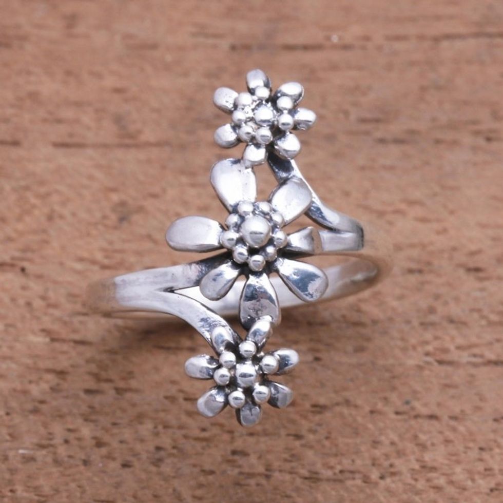 Flower Trio Sterling Silver Cocktail Ring from Bali 'Bouquet Trio'