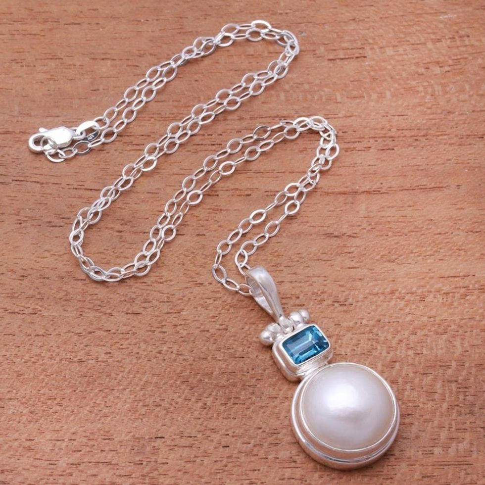 Cultured Pearl and Blue Topaz Pendant Necklace from Bali 'Daylight Blue'