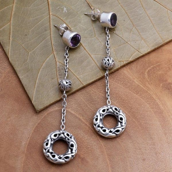 Alternate image for Dangle Earrings with Amethyst and Sterling Silver Pendulum Loops