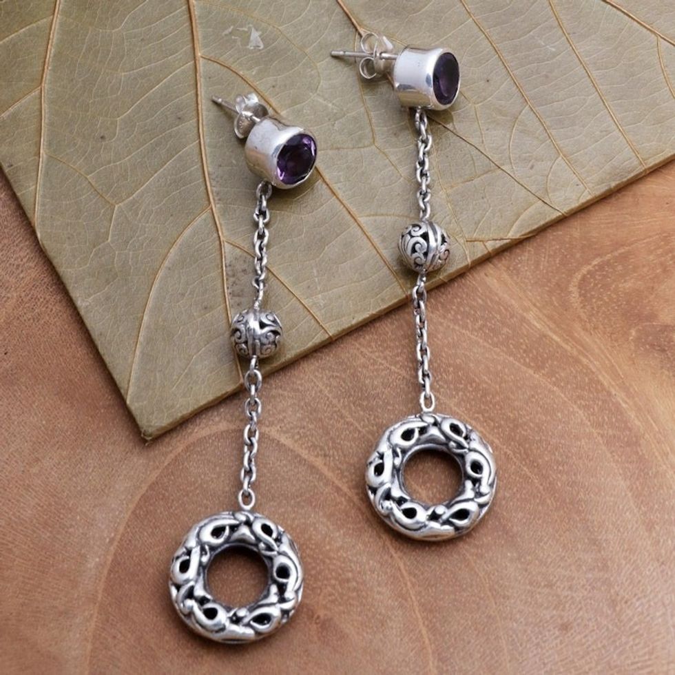 Dangle Earrings with Amethyst and Sterling Silver 'Pendulum Loops'