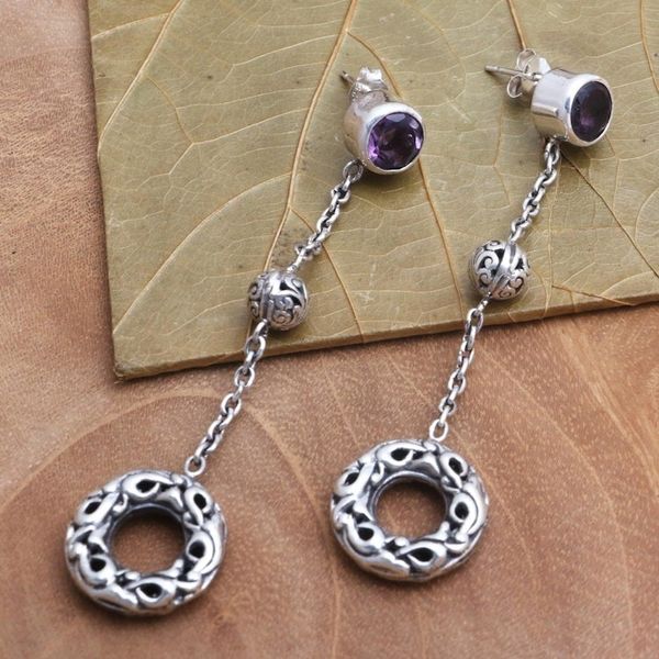 Alternate image for Dangle Earrings with Amethyst and Sterling Silver Pendulum Loops