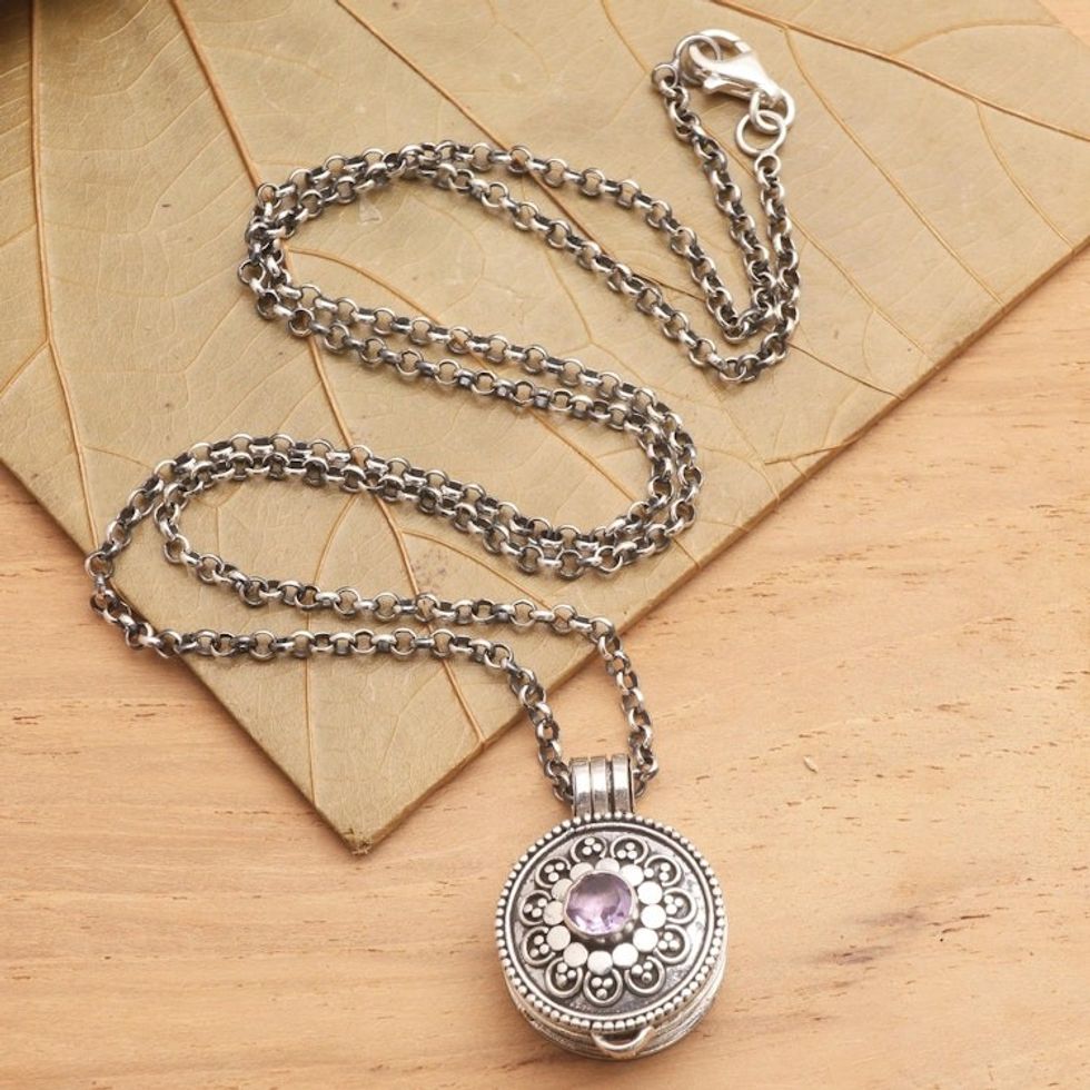 Amethyst and Sterling Silver Locket Pendant Necklace 'Gianyar Grace'