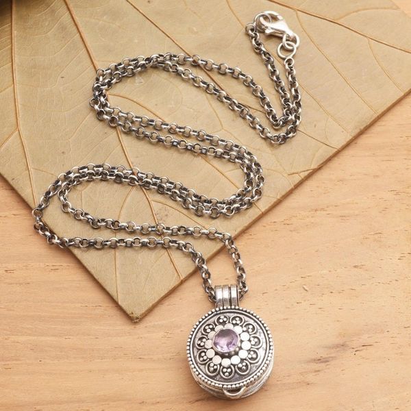 Alternate image for Amethyst and Sterling Silver Locket Pendant Necklace Gianyar Grace
