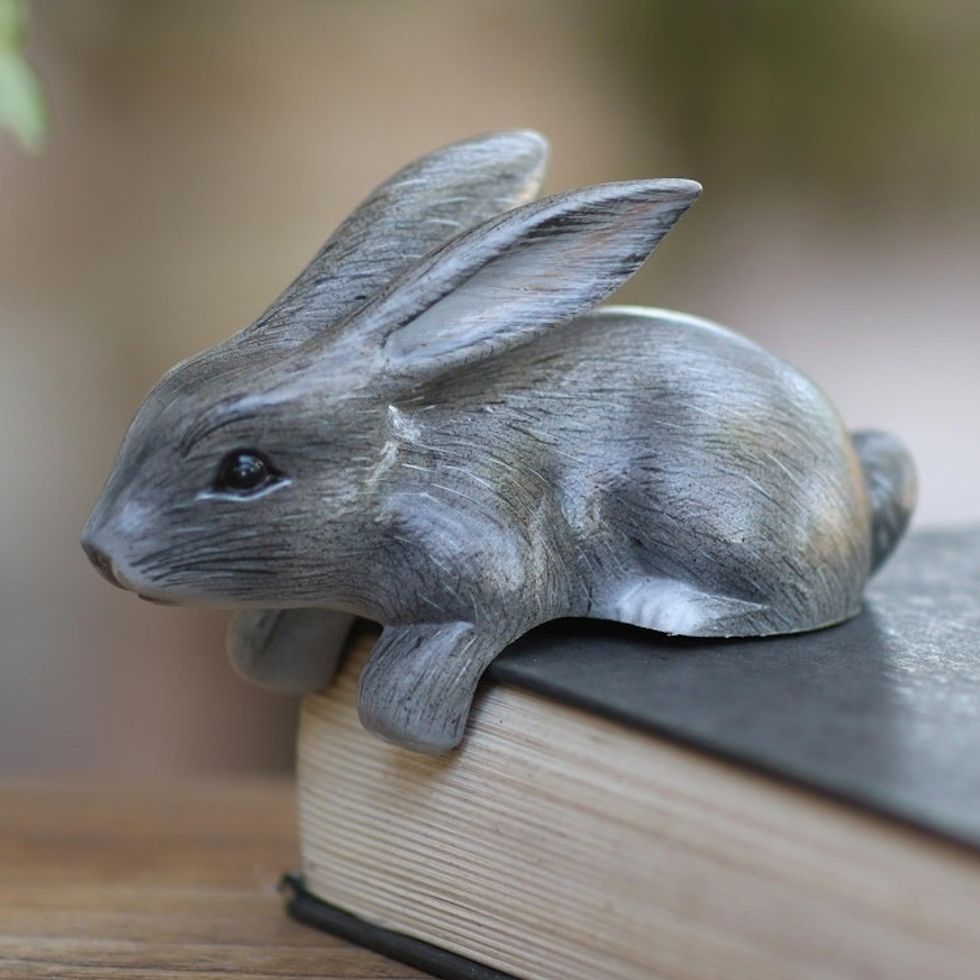 Hand Carved Wood Bunny Statuette in Grey 'Curious Rabbit in Grey'