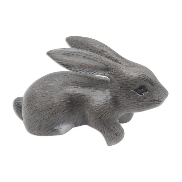 Alternate image for Hand Carved Wood Bunny Statuette in Grey Curious Rabbit in Grey