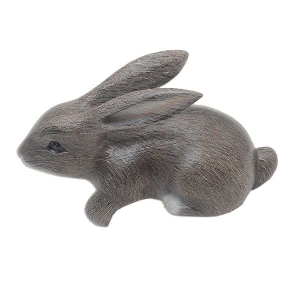 Alternate image for Hand Carved Wood Bunny Statuette in Grey Curious Rabbit in Grey