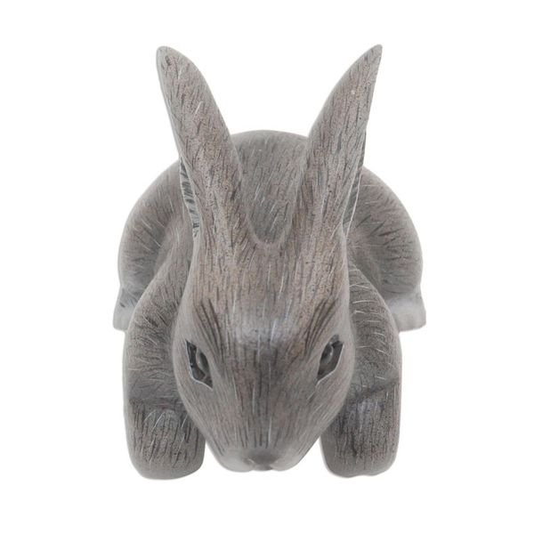 Alternate image for Hand Carved Wood Bunny Statuette in Grey Curious Rabbit in Grey