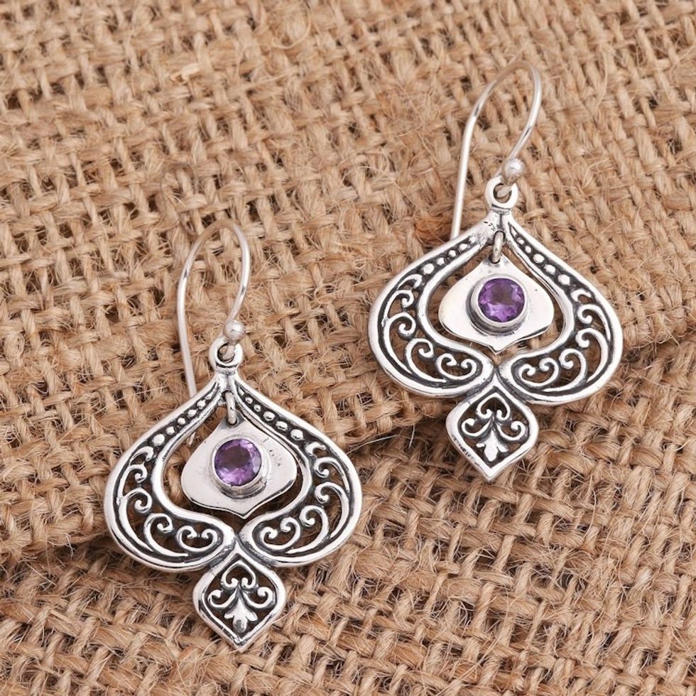 Purple Amethyst Sterling Silver Dangle Earrings 'Flower Flash'