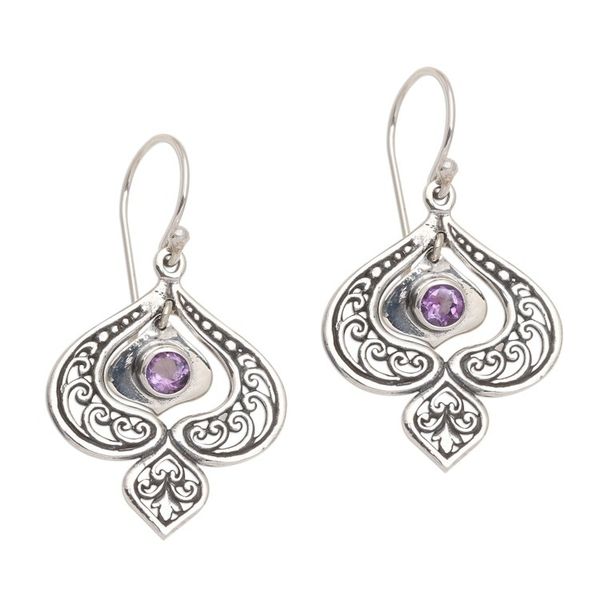 Alternate image for Purple Amethyst Sterling Silver Dangle Earrings Flower Flash