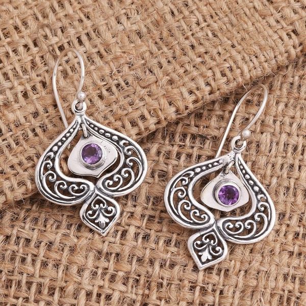 Alternate image for Purple Amethyst Sterling Silver Dangle Earrings Flower Flash