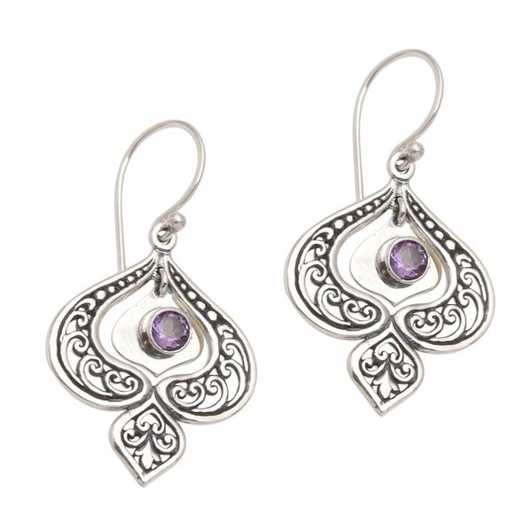 Alternate image for Purple Amethyst Sterling Silver Dangle Earrings Flower Flash