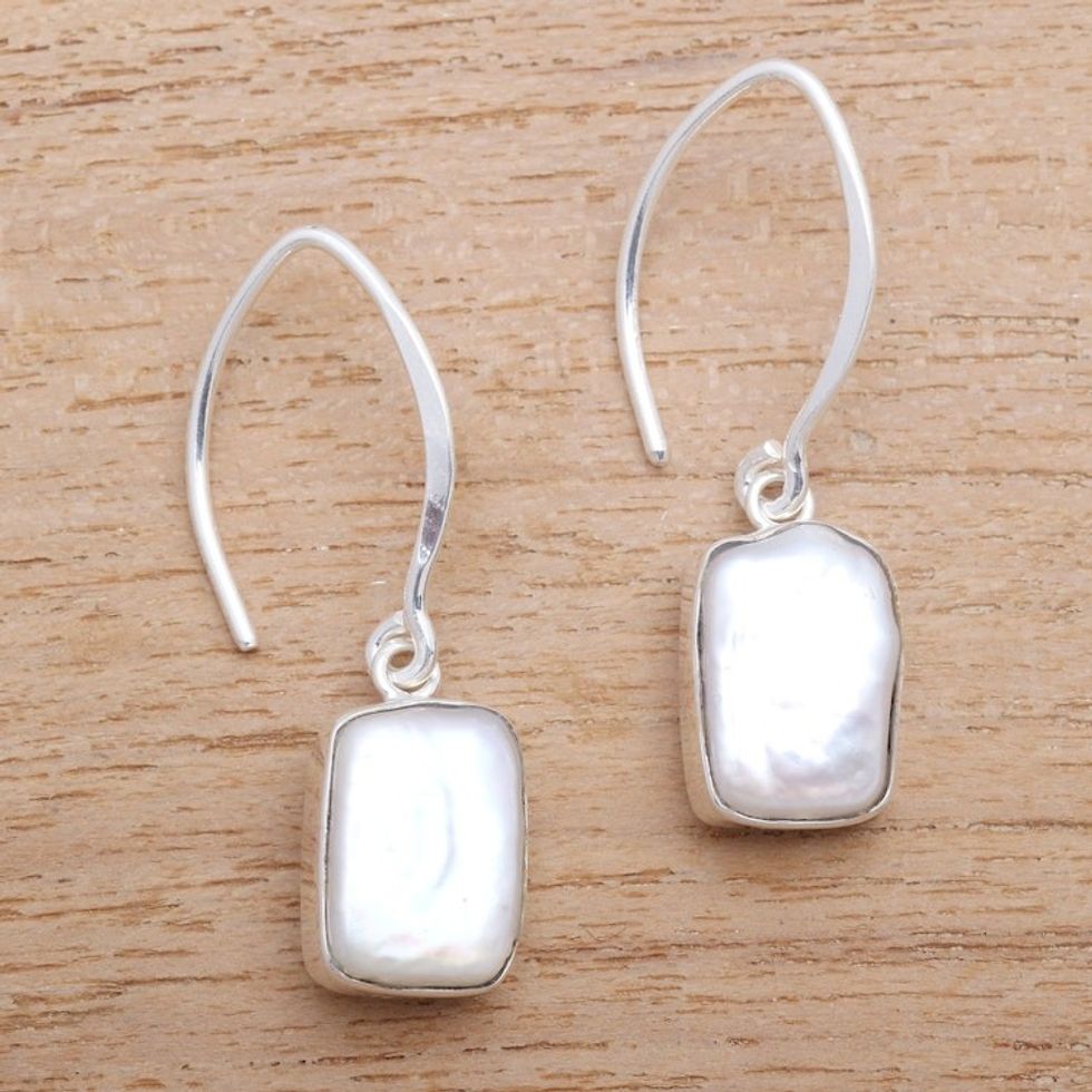Rectangular Cultured Pearl Dangle Earrings from Bali 'Snowy Rectangles'