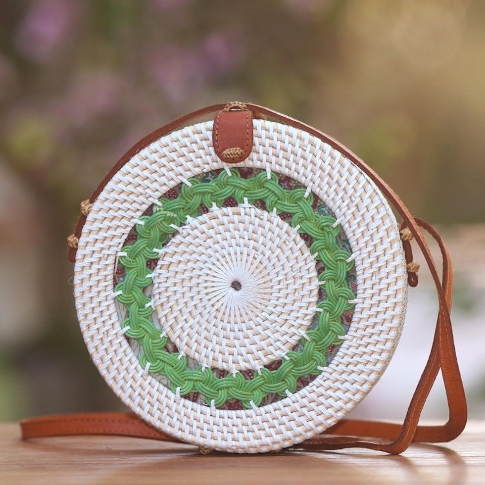 Hand Woven Round Bamboo Shoulder Bag 'Green Circuit'