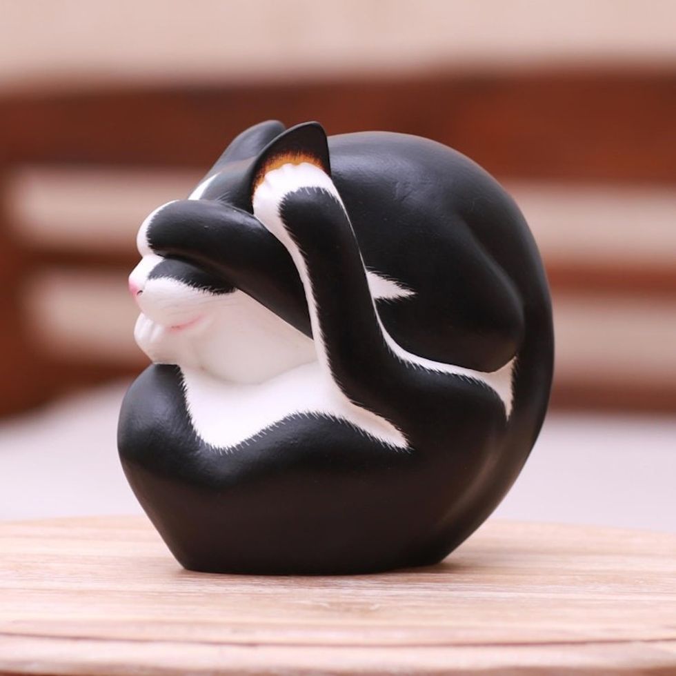 Black and White Wood Yoga Cat Sculpture from Bali 'Black and White Yogi Cat'
