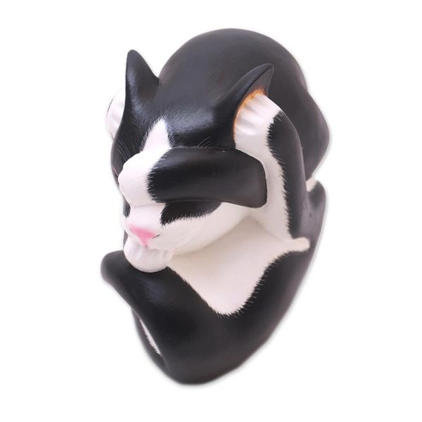 Alternate image for Black and White Wood Yoga Cat Sculpture from Bali Black and White Yogi Cat
