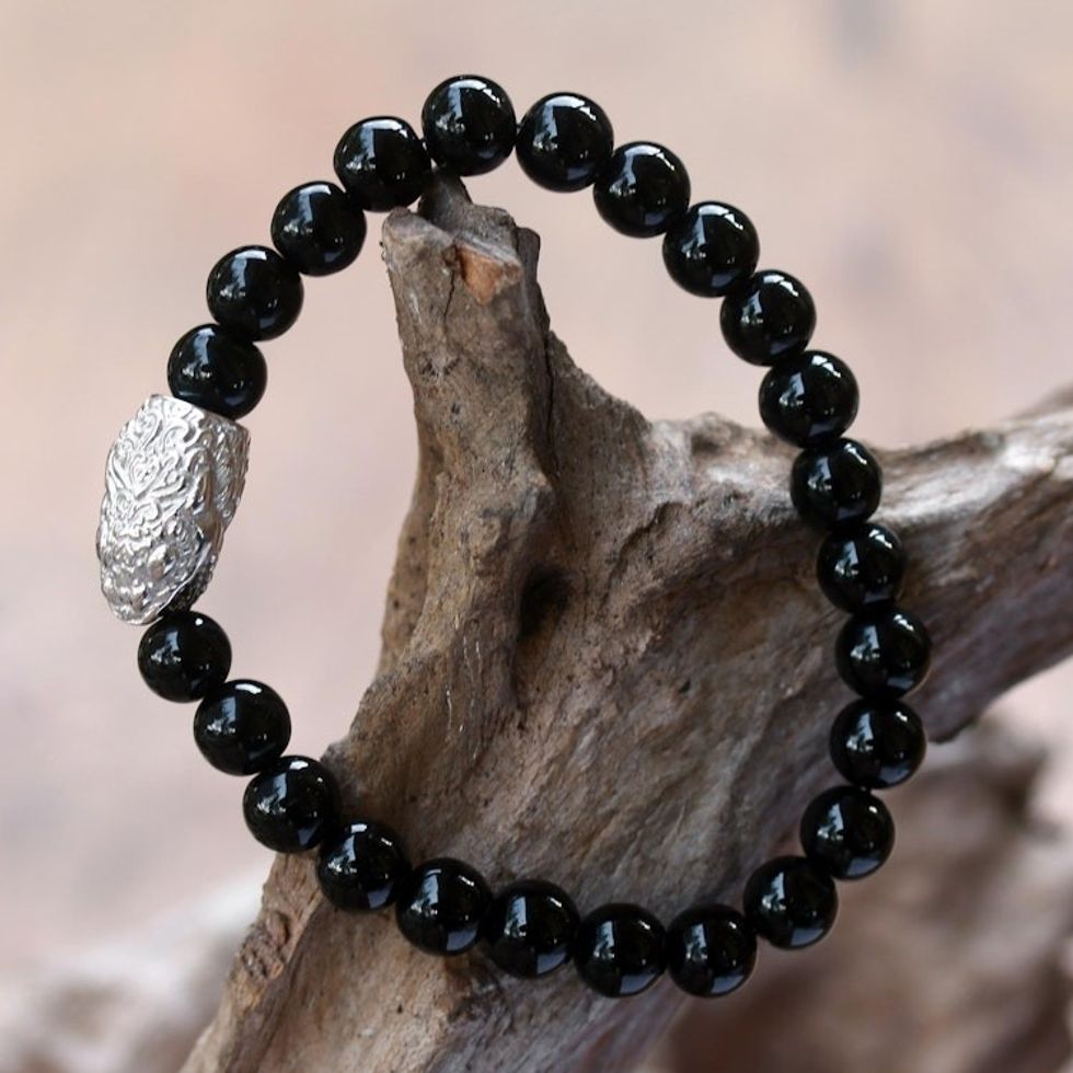 Rhodium Plated Snake-Themed Onyx Beaded Stretch Bracelet 'Fierce Snake'