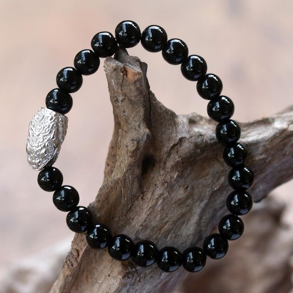 Alternate image for Rhodium Plated Snake-Themed Onyx Beaded Stretch Bracelet Fierce Snake